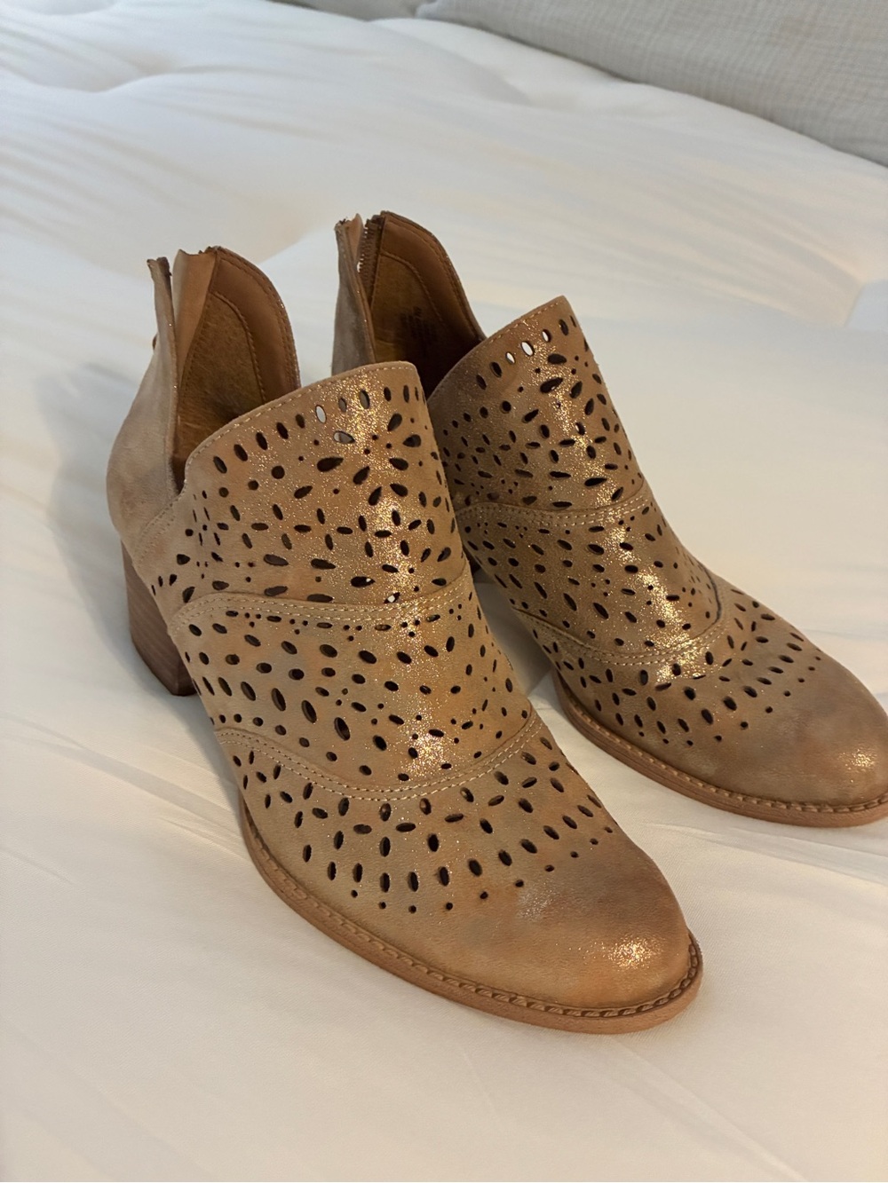 Women's Perforated Tan Leather Heeled Booties
